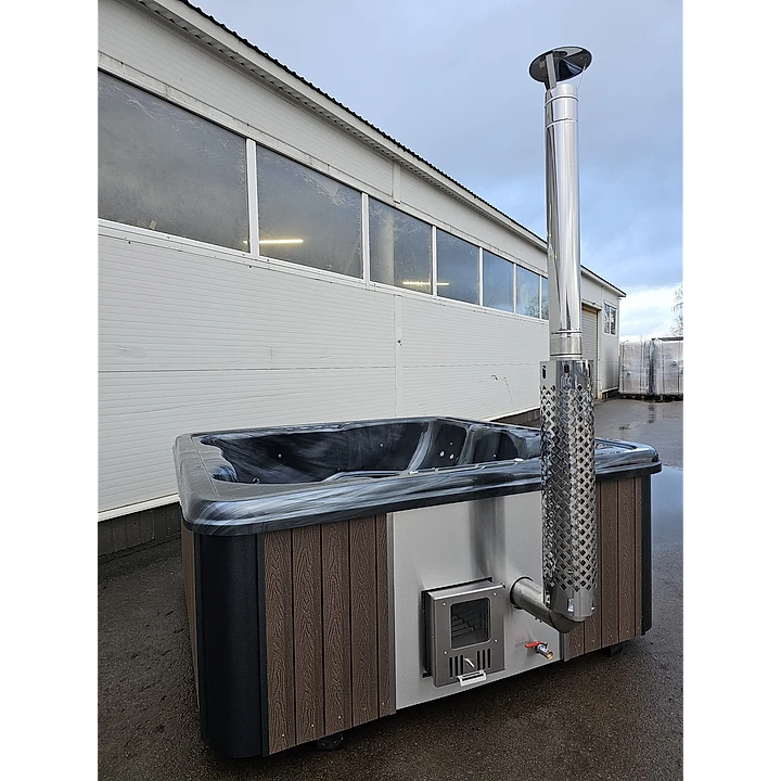 Vierkant 245 Houtgestookt, Bruin WPC met zilveren stalen hoeken, Zwart Marmer Acryl 2