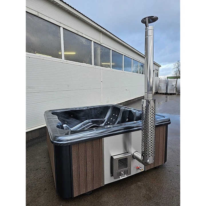 Vierkant 245 Houtgestookt, Bruin WPC met zilveren stalen hoeken, Zwart Marmer Acryl 1
